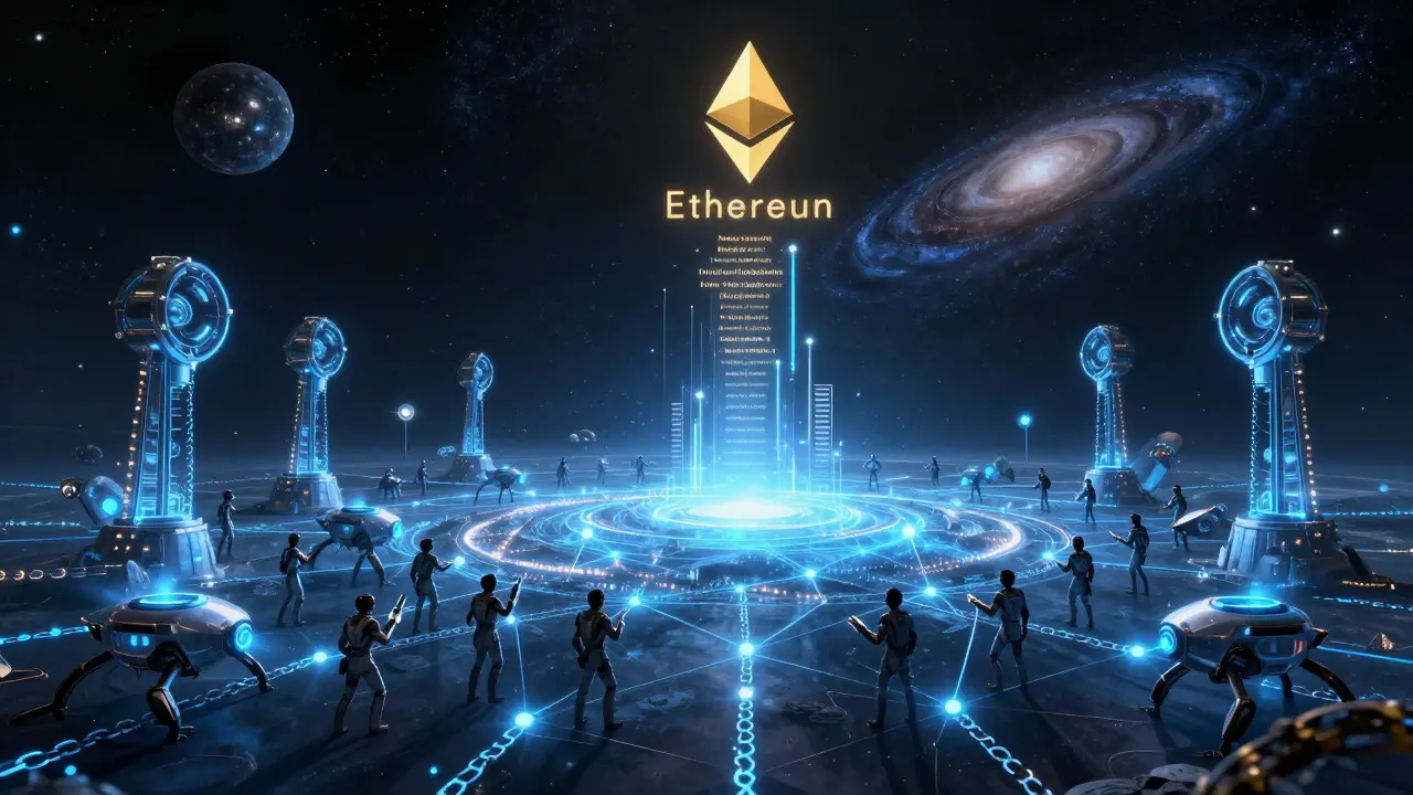 A celestial battlefield where DAOs fight with smart contracts and Layer 3 drones, under a glowing Ethereum Name Service tower.