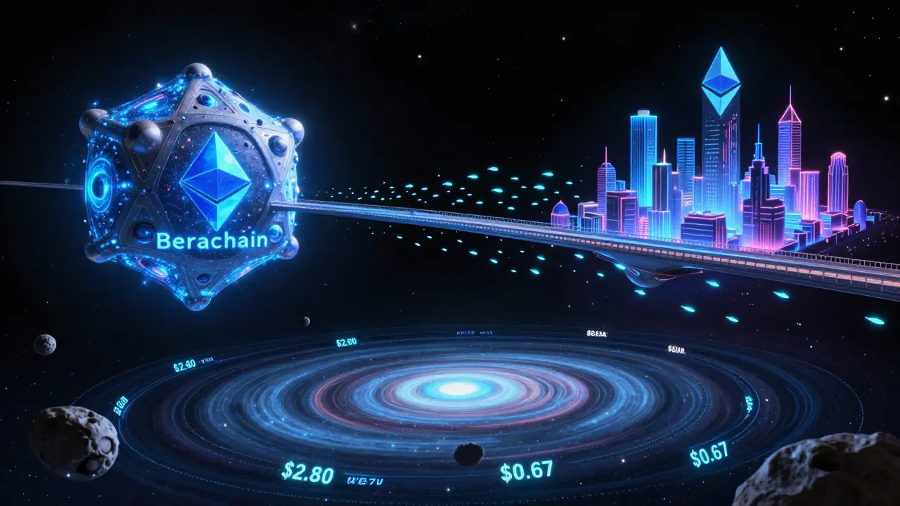 A cosmic bridge connects two space stations as WBERA tokens stream between them amid conflicting price orbits.