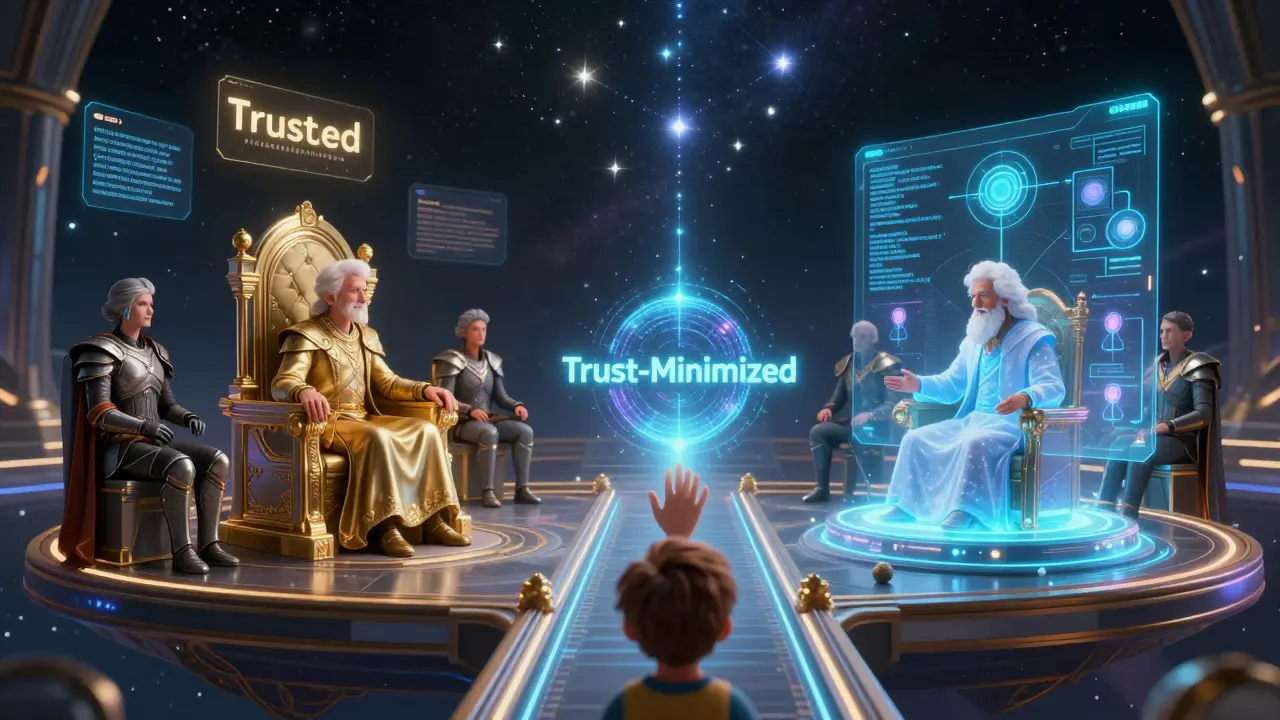 A cosmic council debates bridge designs, with trusted and trustless systems as opposing thrones, as a child reaches for a hybrid core.