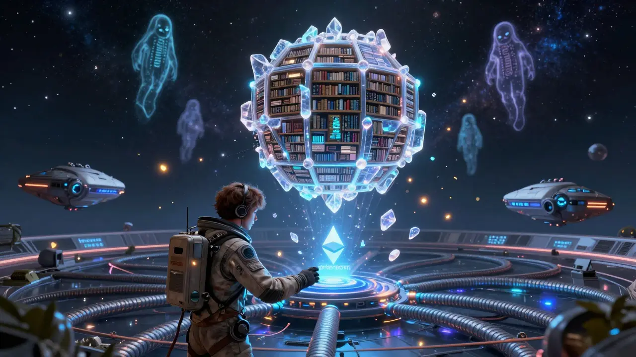 A cosmic library of blockchain nodes with a developer connecting it to wormhole conduits, surrounded by floating data shards.