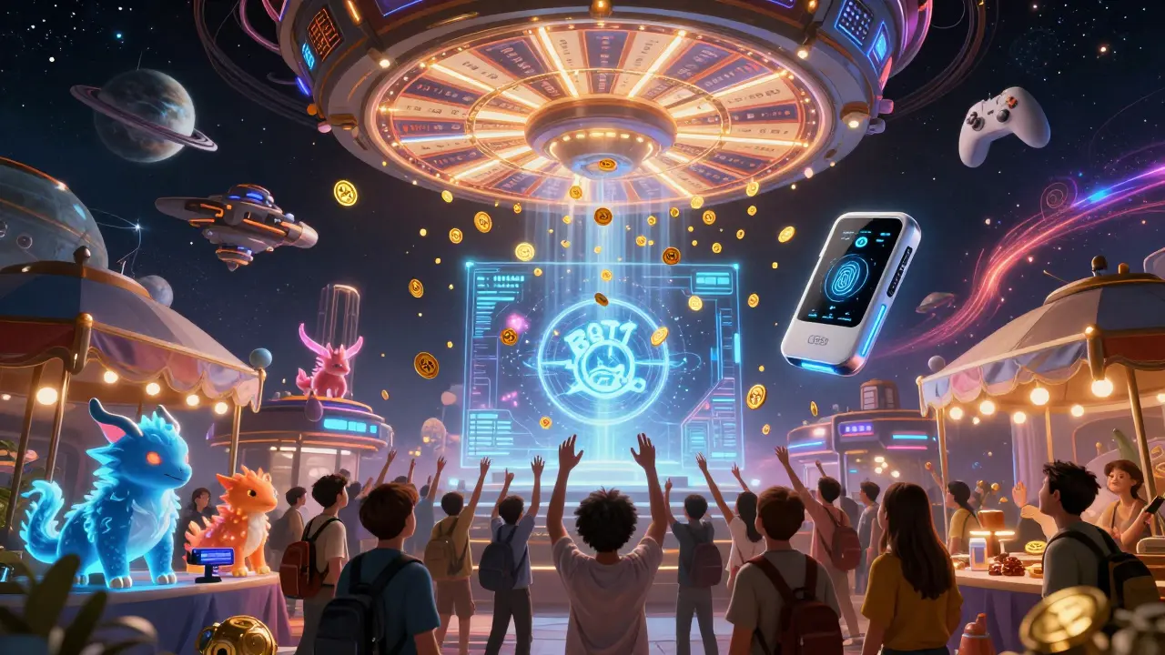 A cosmic marketplace where humans collect floating BOT tokens and trade NFT pets under a giant digital lottery wheel.