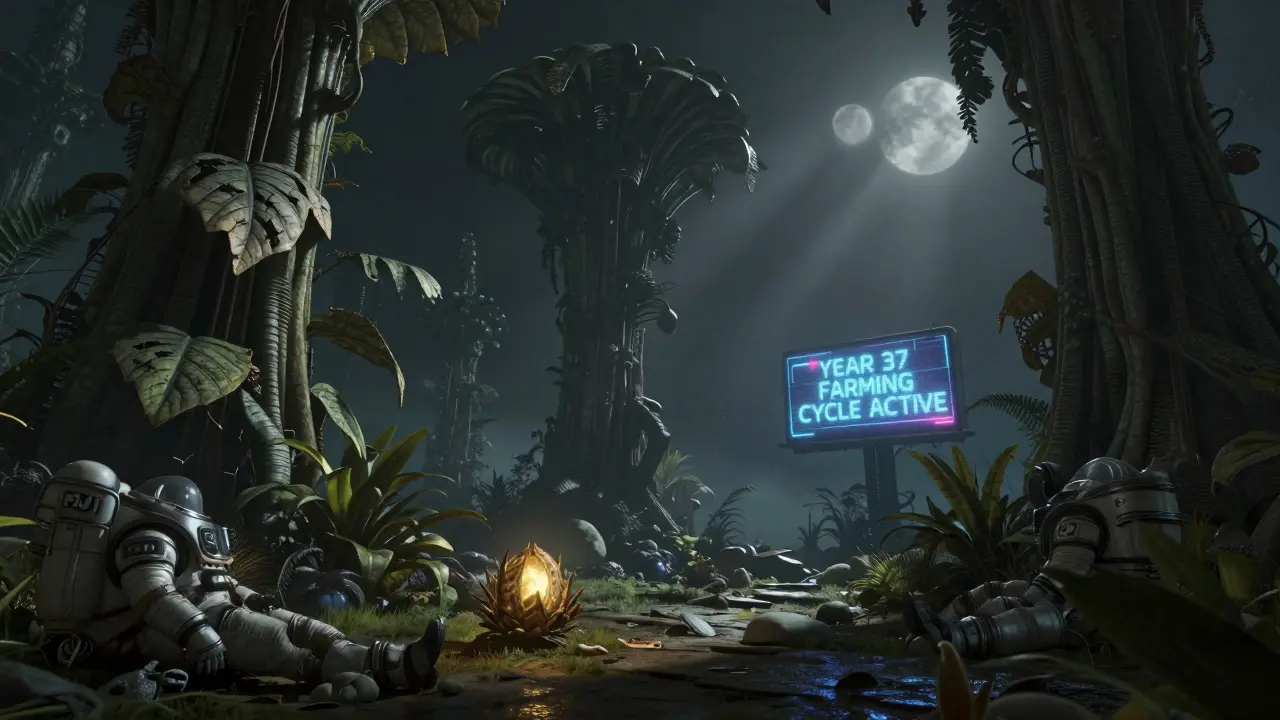 A dead alien jungle with petrified NFT plants and abandoned space suits, a single glowing seed pod pulsing weakly under a flickering hologram of Year 37.