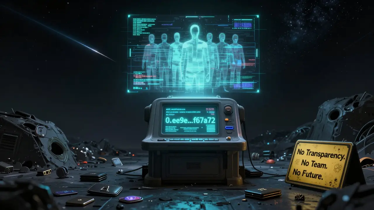 A dead exchange terminal displays a smart contract address amid discarded wallets and a vanishing anonymous team hologram.