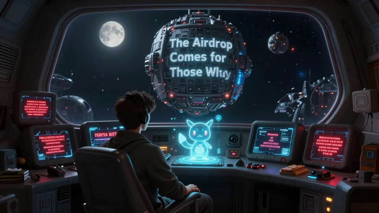 A lone player in a spaceship ignores scam screens as their secure Playermon NFT glows, with a blockchain node in space behind them.