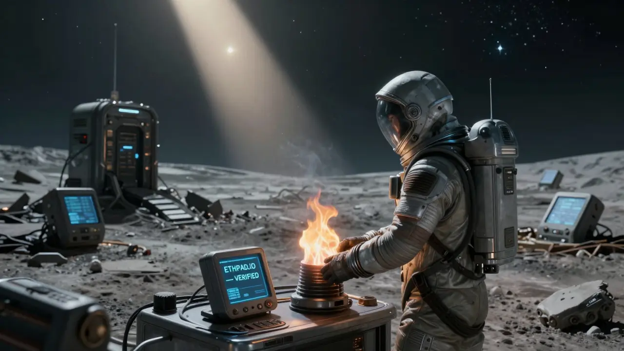 A lone survivor activates a verified wallet on a ruined moon, while ETHPad's mainnet rises as a distant star.