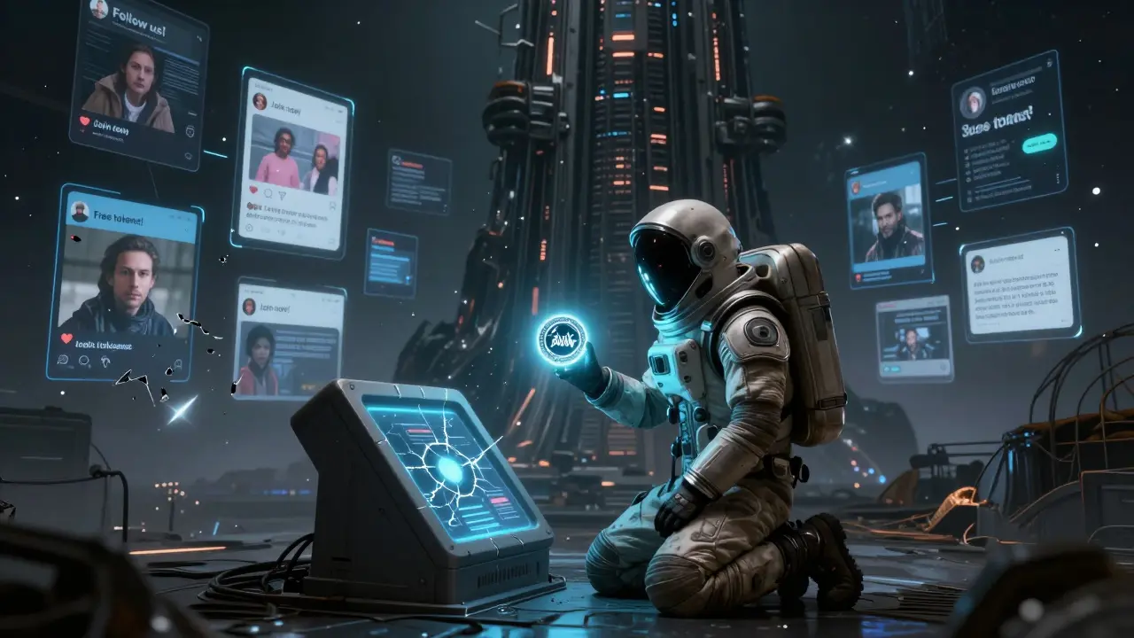 A lone user kneels before a dead wallet terminal, holding a darkened PAXW token as holograms crumble into ash.