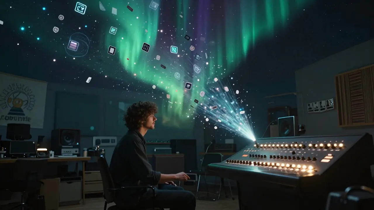 A musician releasing a sentient aurora of music that delivers automatic royalties to listeners across the galaxy.