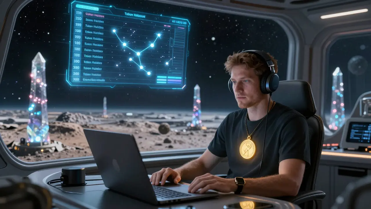 A podcaster in a lunar cabin with a holographic leaderboard of token holders shining across the asteroid belt, a single token glowing on their chest.