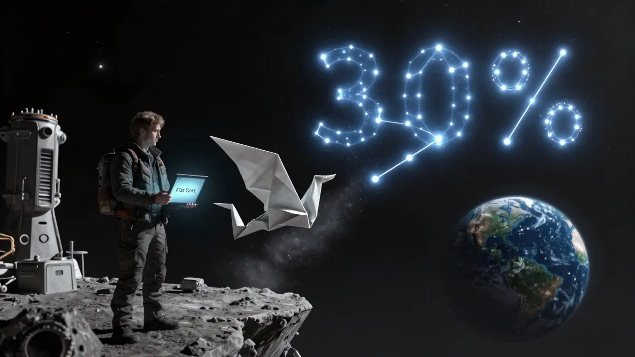 A remote worker watches a confirmation glow as a celestial AI courier dissolves into stardust after delivering cash.