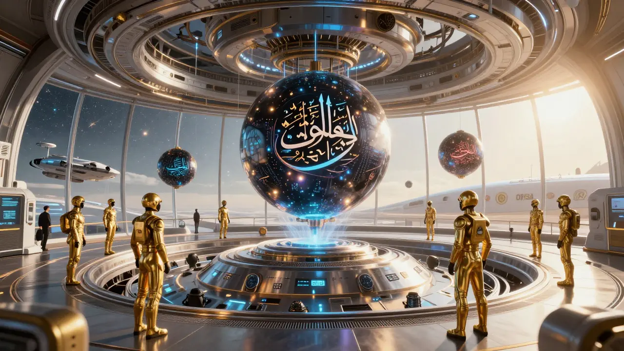 A rotating vault of liquid metal guarded by AI sentinels, holding glowing crypto assets in a futuristic orbital station.