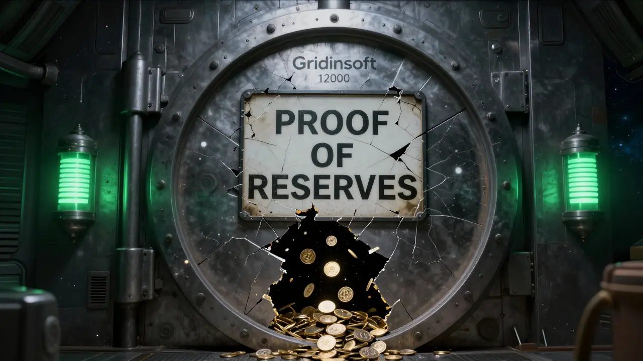 A shattered security vault spilling coins into a black hole with a 1/100 trust score shield.