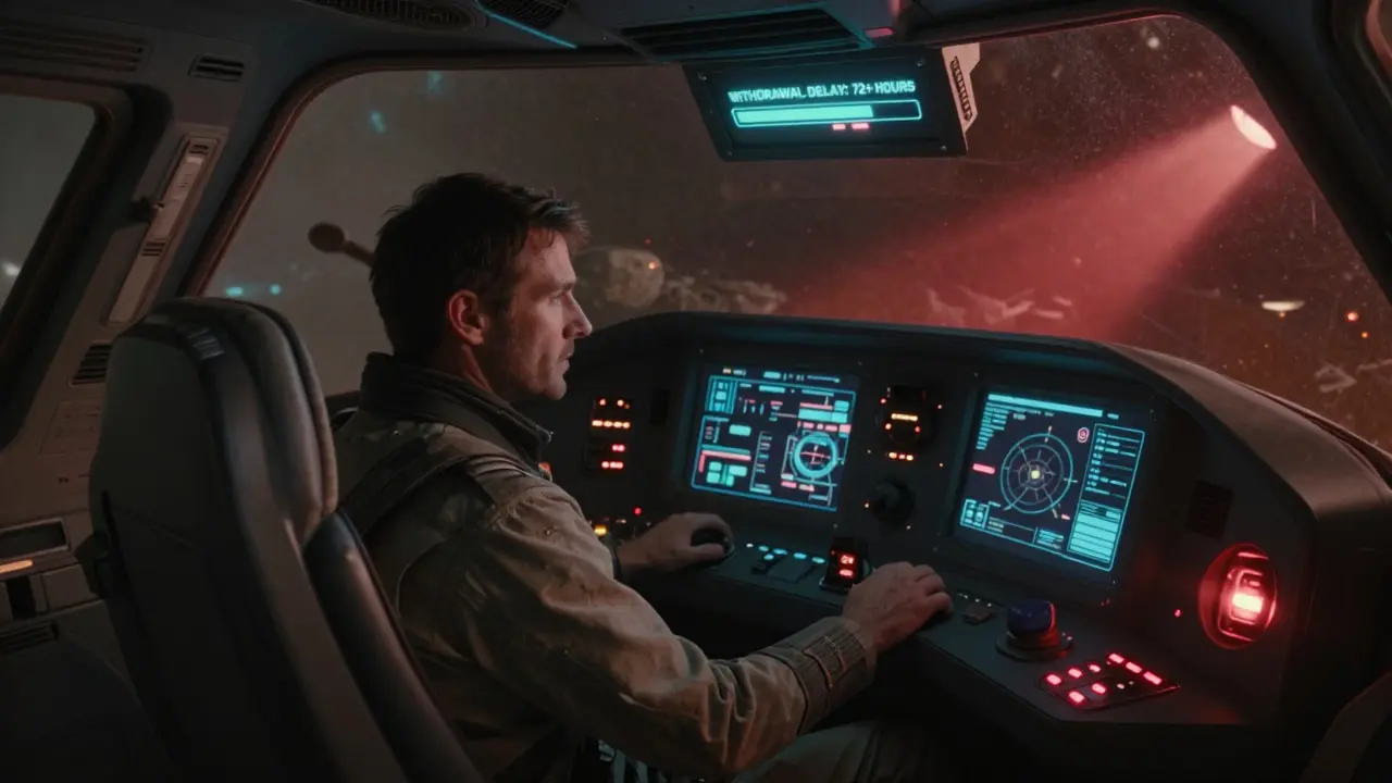 A spaceship cockpit showing a frozen withdrawal delay with red emergency lights and glitching interfaces.