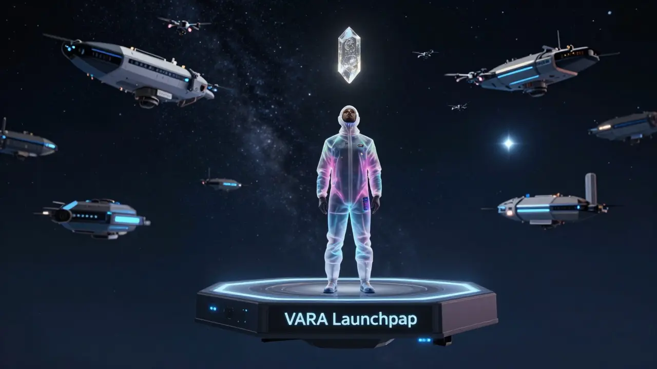 A startup founder placing a glowing token into a drone scan, surrounded by space-stations representing global crypto regulators.