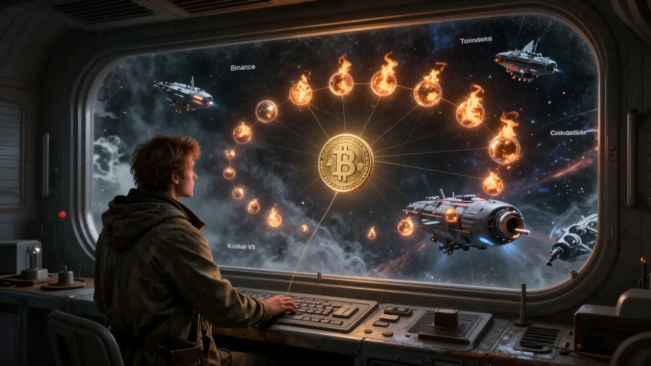 A trader in a derelict ship watches WBERA tokens dim one by one, representing deflationary burns in deep space.