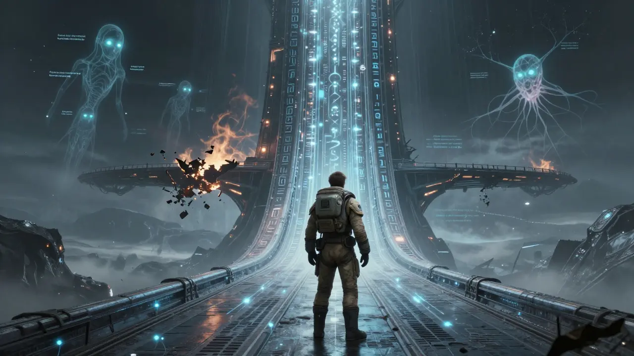 A traveler stands before a rune-based trustless bridge with ghostly AI relayers, while a damaged trusted bridge smolders behind.