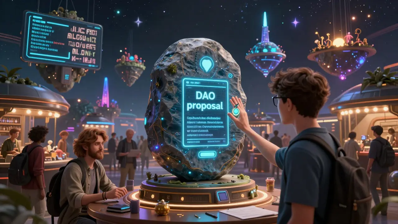 A young delegate casts their first vote on a floating oracle stone surrounded by floating subDAO islands.