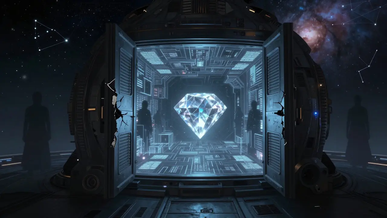 An abandoned orbital vault holds a fading AI core trading itself, surrounded by ghostly silhouettes of lost investors.