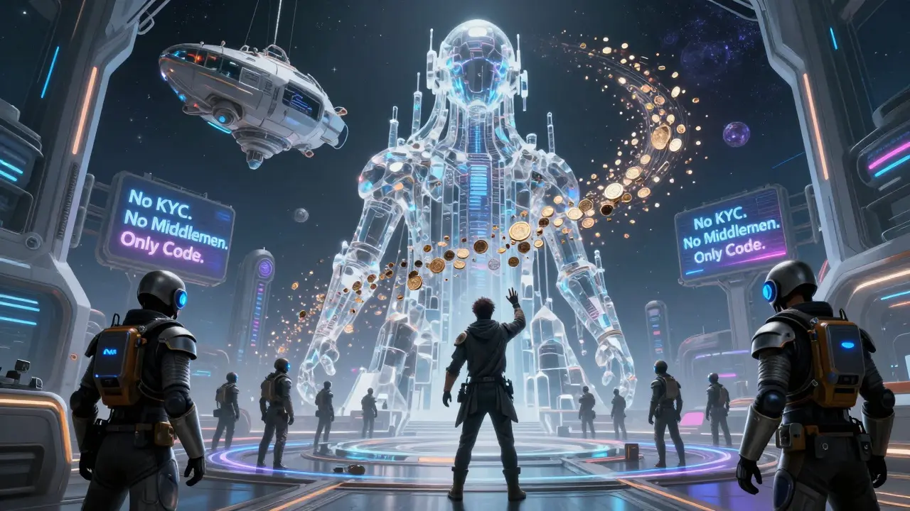 An ancient AI oracle made of smart contracts towers over traders on a futuristic planet, one activating a TWAMM ritual to split a large trade into micro-transactions.