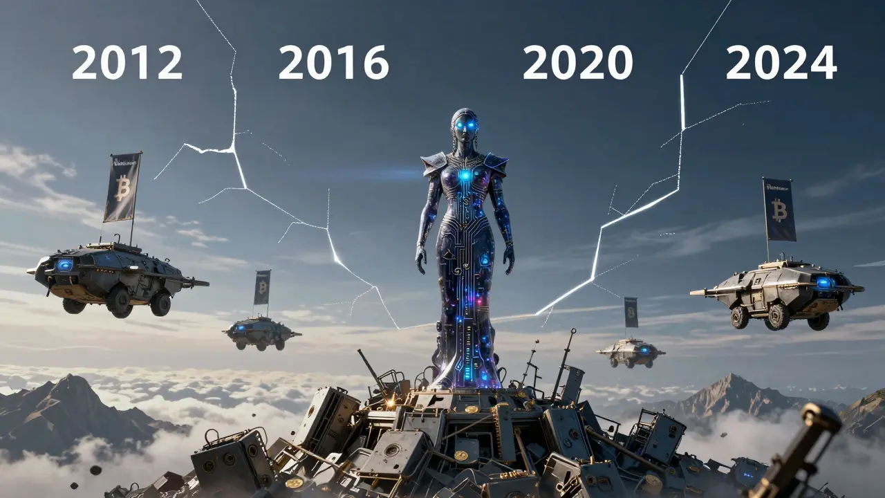 An ancient oracle statue stands atop mining ruins as four timelines of past Bitcoin halvings glow in the sky above.