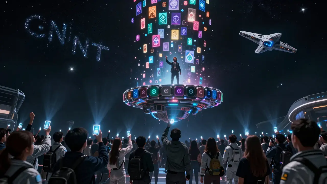 An artist on a floating platform surrounded by fans holding glowing wallets as digital art cascades into space, with names projected in the sky.