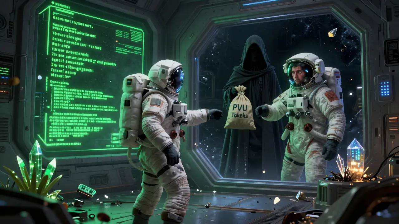 An astronaut before a corrupted AI terminal, watching their reflection send PVU tokens into a void as a shadowy figure holds a sack of fake tokens.