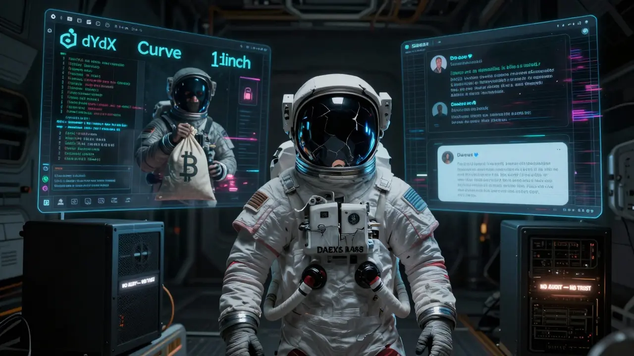 An astronaut confronts a corrupted terminal on Daexs Station, while real DEXs project verified code behind them.