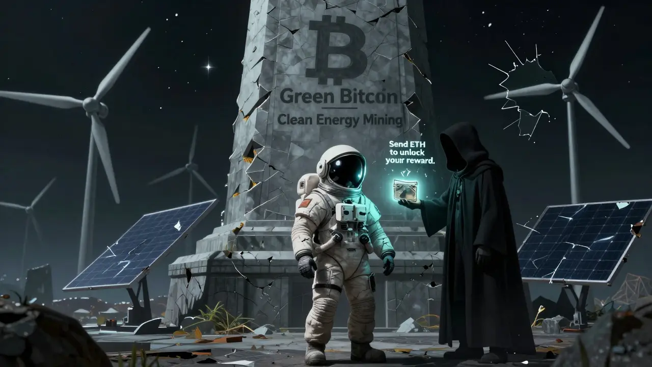 An astronaut faces a crumbling 'Green Bitcoin' monument while a shadowy figure offers a fraudulent wallet.