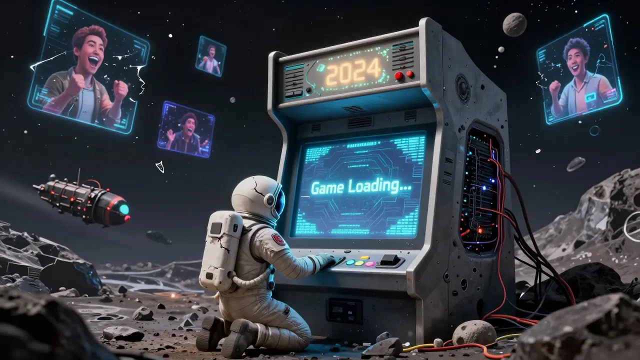 An astronaut faces a silent arcade machine on an asteroid, surrounded by flickering holograms of vanished players.