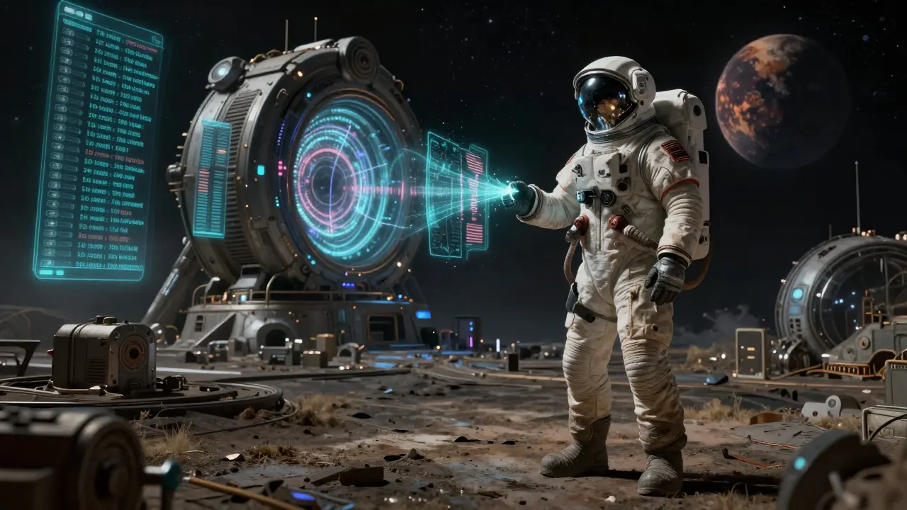 An astronaut on a derelict mining station holds a quantum drive filled with exposed blockchain wallet addresses in deep space.