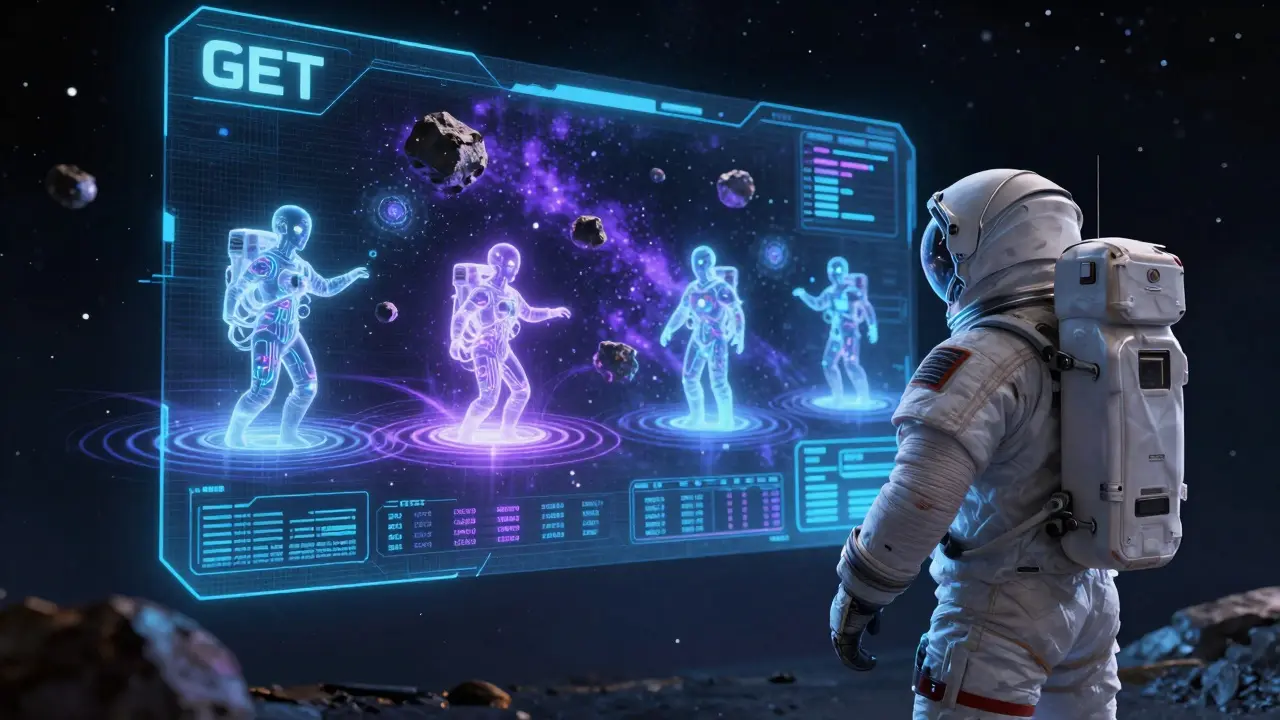 An astronaut watches holographic GET coin charts as AI spirits manipulate gravity to execute trades in zero-G.