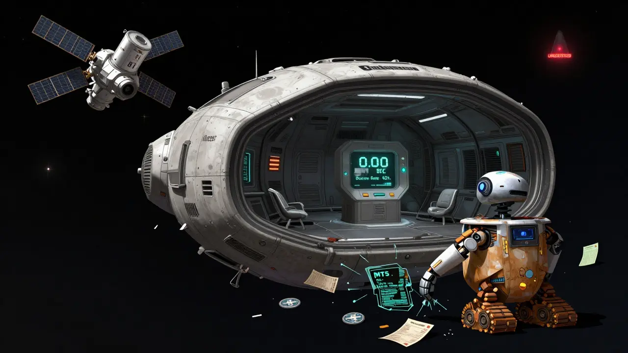 An empty asteroid base with a terminal showing '0.00 BTC' and '81 visits/month' as a robotic droid cleans digital debris.