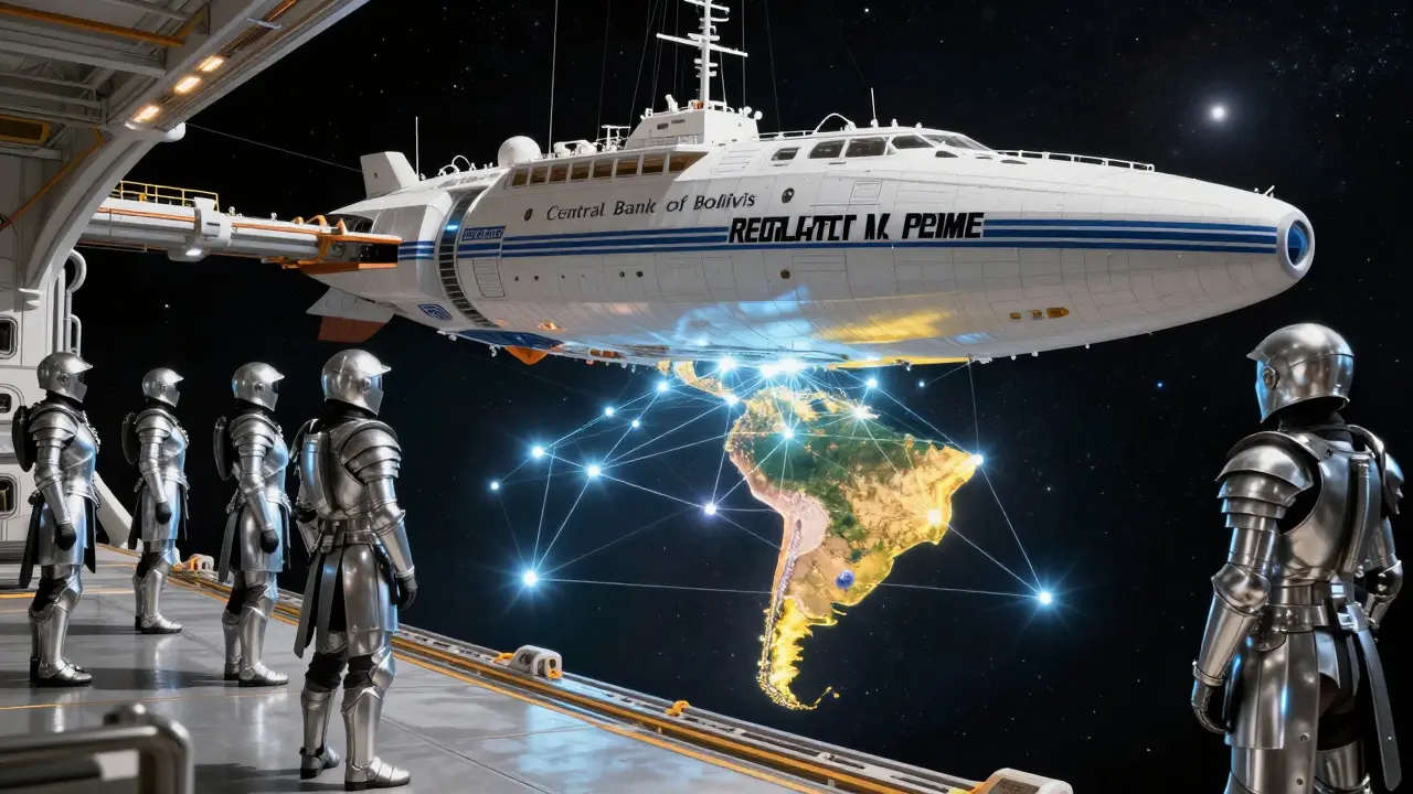 Bolivia's Regulator Prime spacecraft partners with El Salvador's emissaries to activate a galaxy-spanning blockchain network.