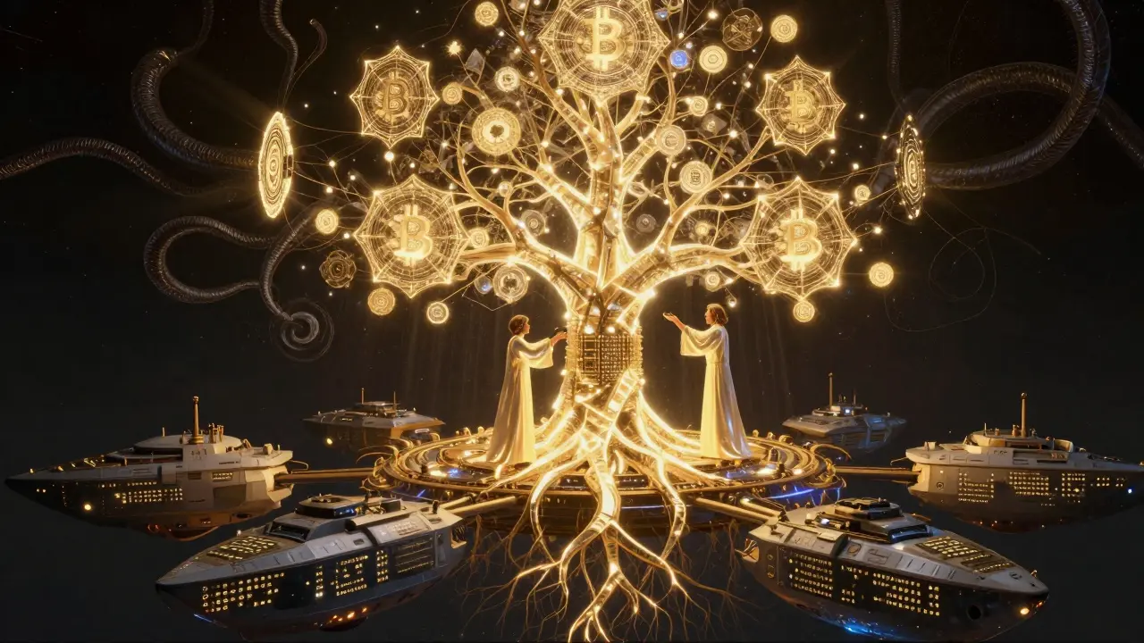 Engineers activate a crystalline quantum-resistant cryptographic core that blooms with radiant shields against dark decryption tendrils.