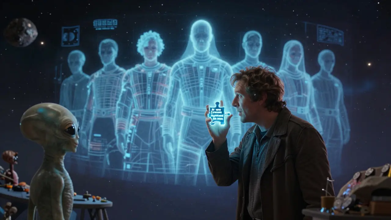 Ghostly merchants sell worthless LEIA tokens as trinkets in a cosmic marketplace under fading holograms of a vanished team.