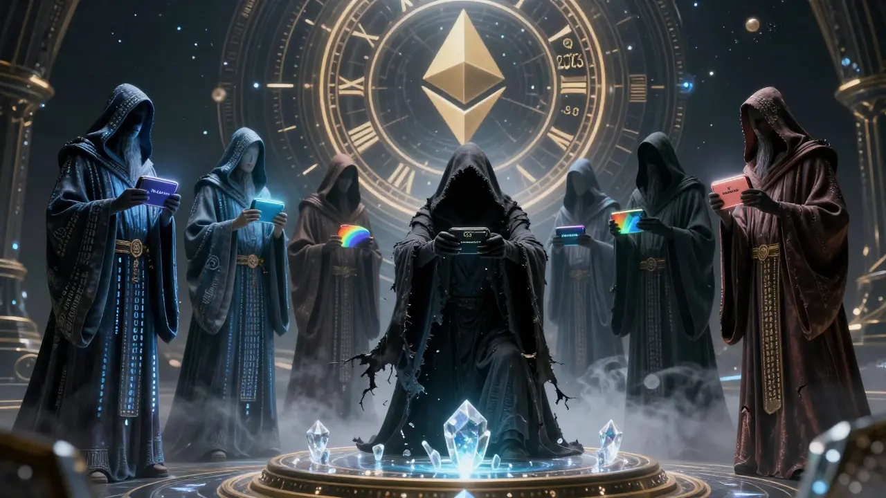 Hooded blockchain sages guard glowing wallets as a phishing figure tries to steal one under a celestial clock.