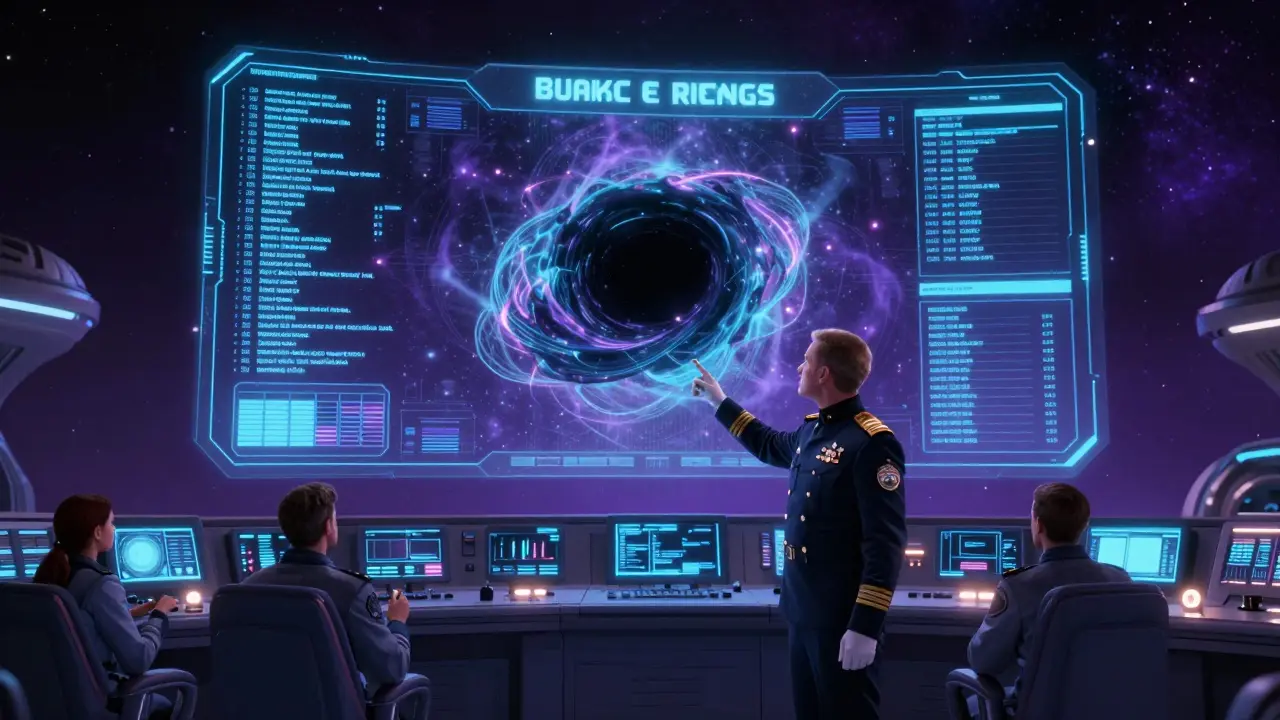 Orbital command center with hologram showing crypto risks, official channels flowing smoothly, admiral pointing at display.