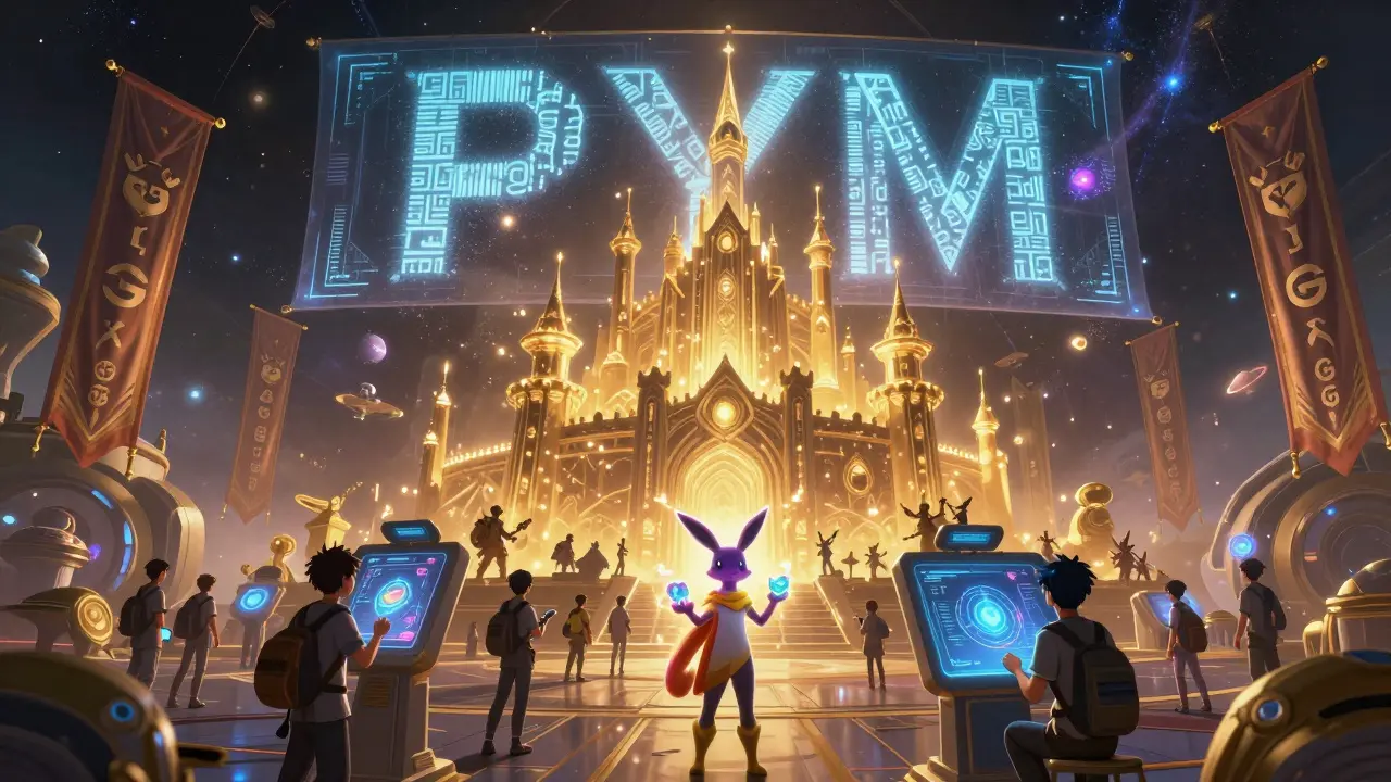Players gather in a futuristic interstellar hub, holding radiant Playermon NFTs while a giant digital PYM token banner drifts above.