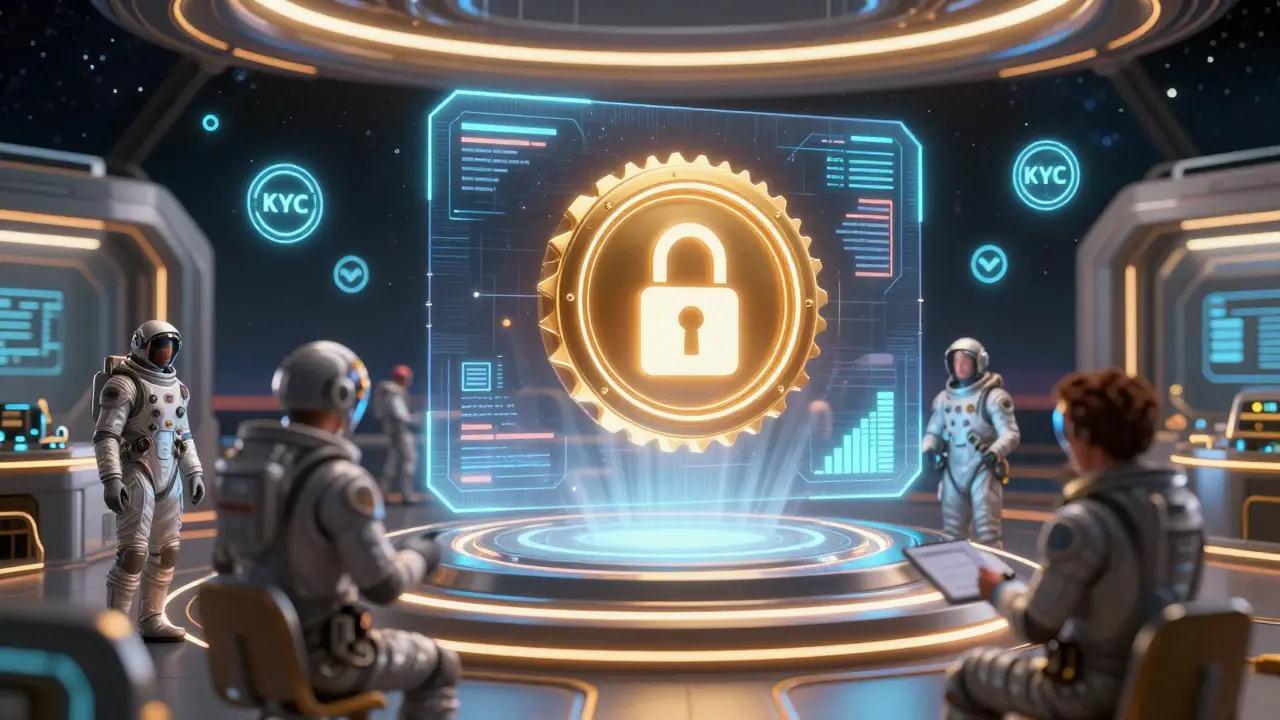 Space trading hub with tokenized real estate and KYC verification symbols.