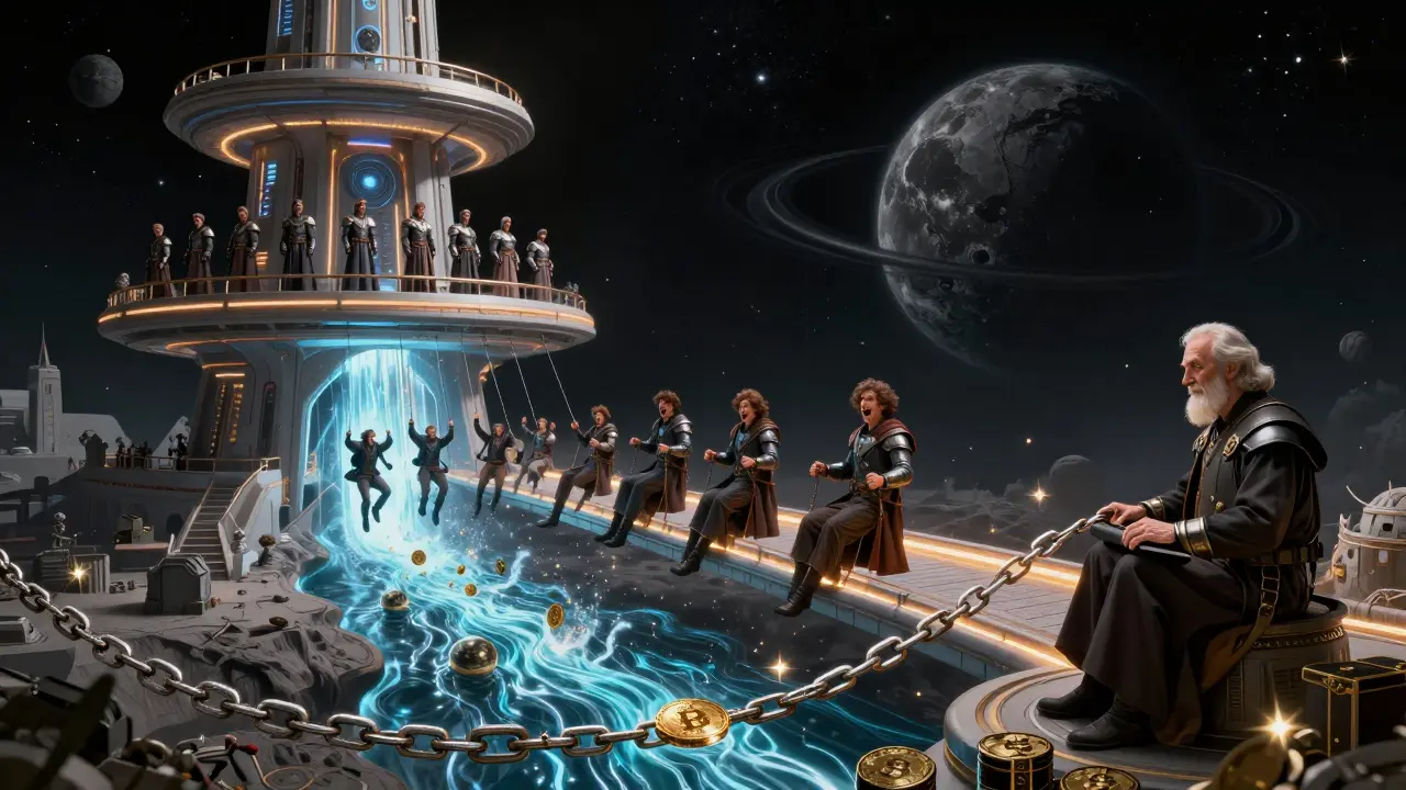 Swing traders being pulled into an interest vortex beneath a futuristic exchange tower orbiting a black hole.