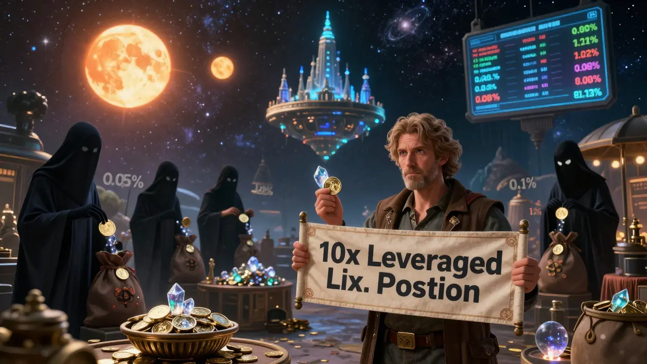 Traders in a cosmic marketplace with shadowy specters draining coins from leveraged positions under twin suns.