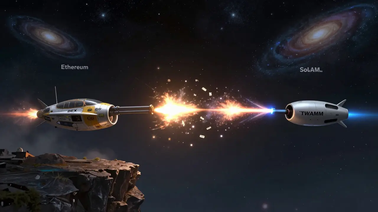 Two spaceships duel in deep space: one fires chaotic trades, the other deploys a precise TWAMM pulse that splits a massive swap into quiet, accurate micro-transactions.