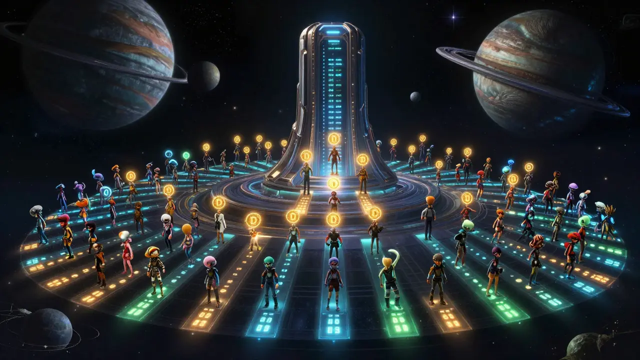 A celestial leaderboard in space shows players ascending ranks with D token halos as AI watches overhead.