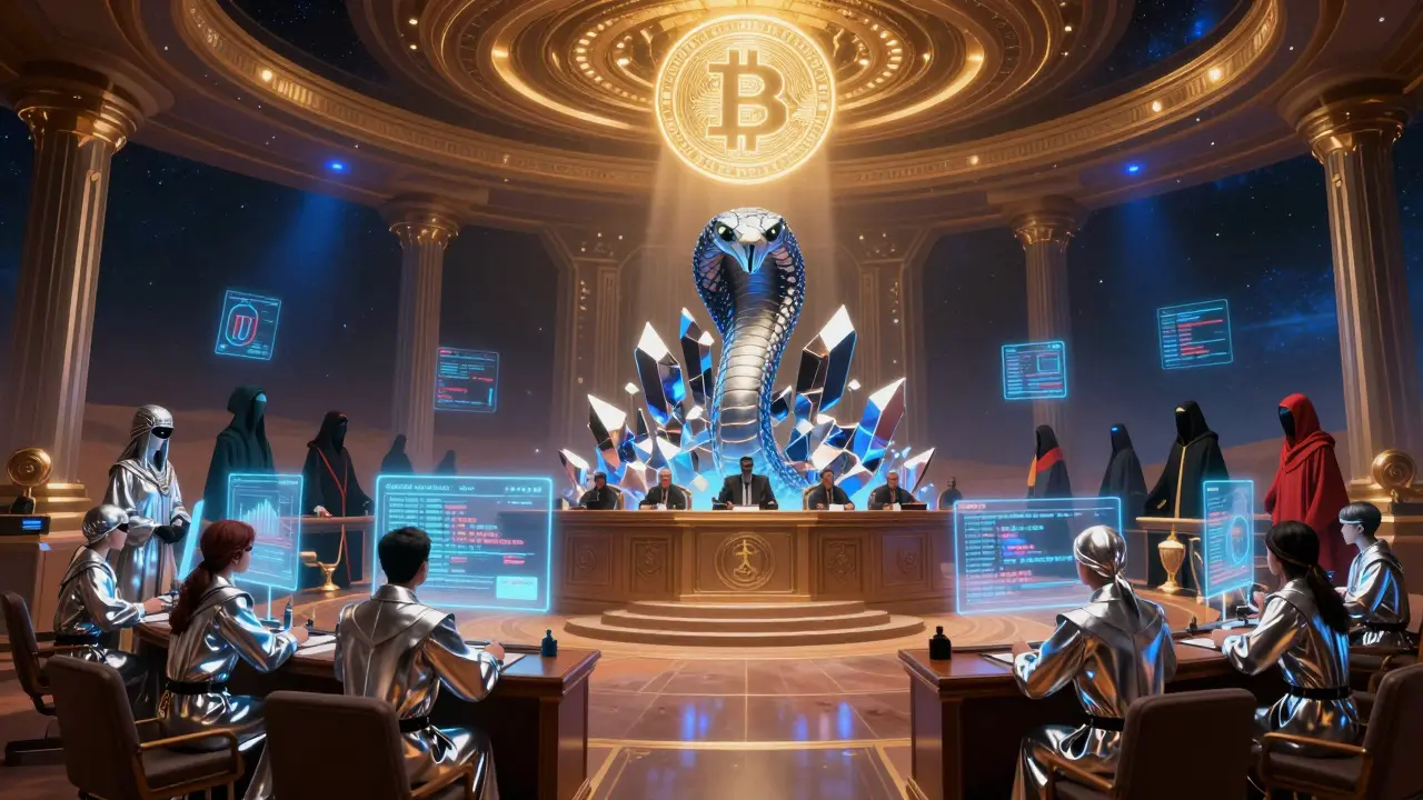 A cosmic courtroom where a blockchain judge presides over a trial of a stolen ETH serpent, with U.S. enforcers presenting evidence.