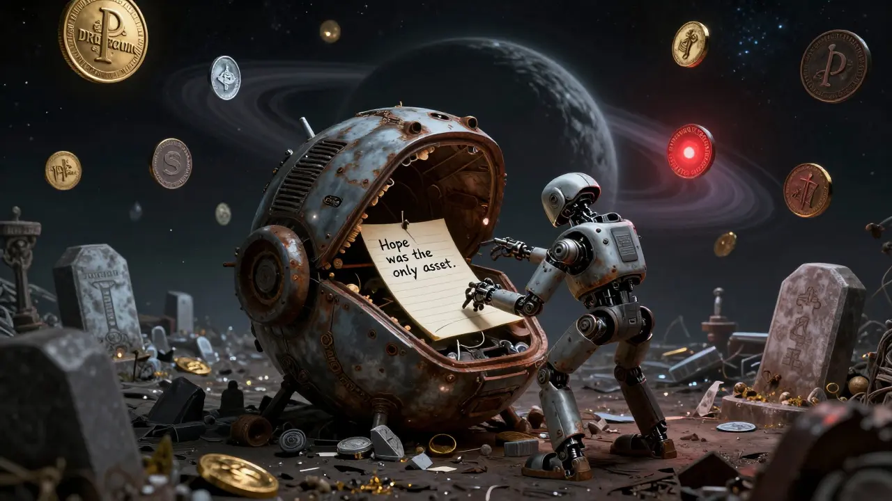 A cosmic graveyard of dead crypto tokens orbits a black hole, with one tombstone labeled DRAFTCOIN pulsing weakly.