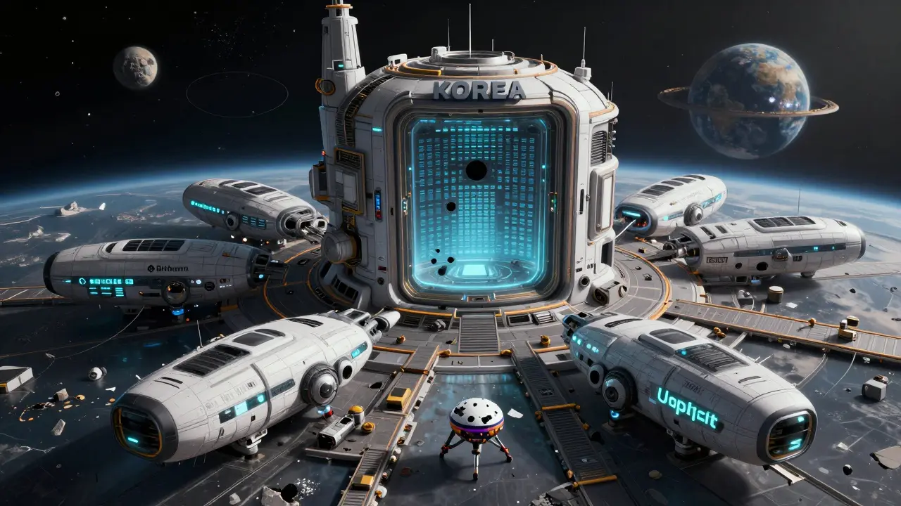 A crumbling space station exchange with black holes where identity checks failed, surrounded by compliant ships.