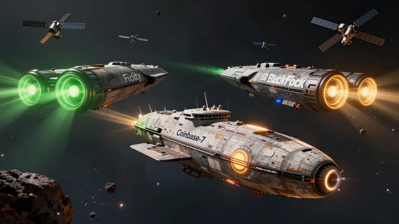 A damaged crypto exchange ship approaches two institutional starships as European satellites orbit peacefully in deep space.
