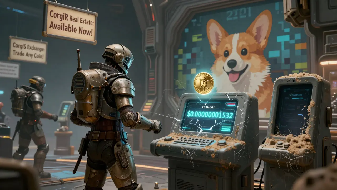 A deserted galactic marketplace with darkened exchange terminals and floating signs for services that never launched.