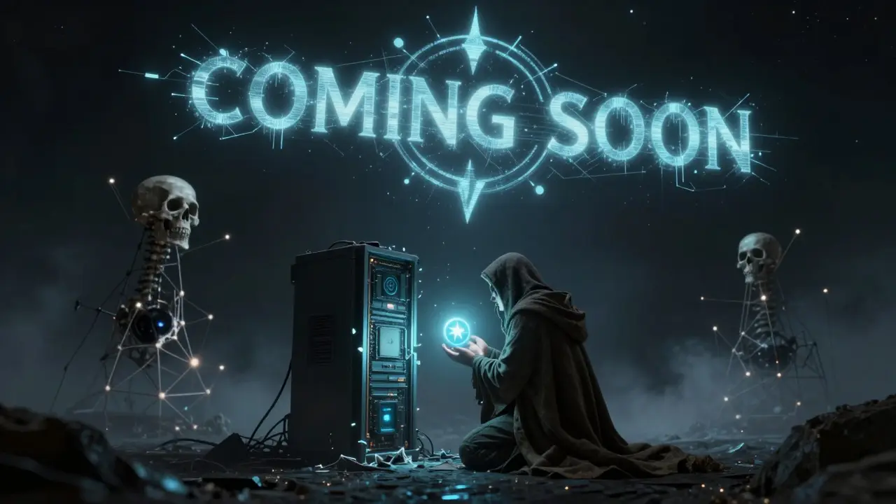 A figure kneels before a dead blockchain server, holding a flickering CTR token as a broken logo fades above.