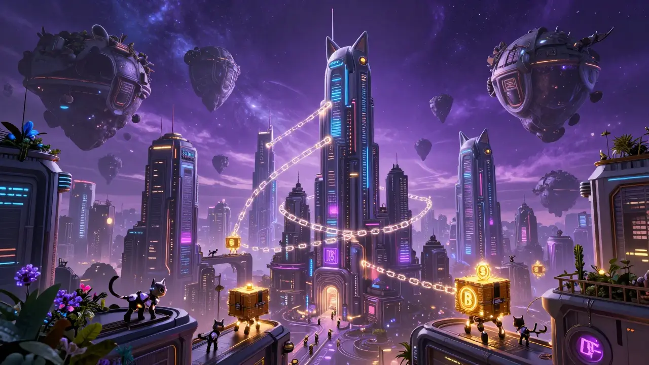 A futuristic city of cats on floating asteroids with glowing neon lights.