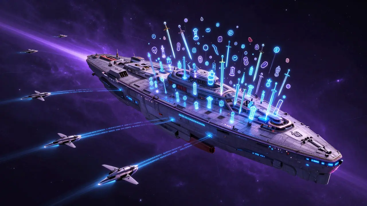 A giant spaceship deploying thousands of digital items in space, with NFT-shaped starfighters in the background.